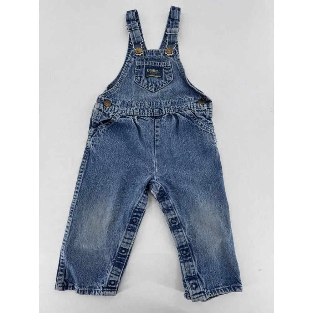 Vtg Oshkosh Overalls Vestback Sz 12m Denim Snap Blue Pockets